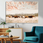 Country Cow Herd Wall Art Canvas Print, Framed Farmhouse Cattle Scene, Rustic Ranch Decor