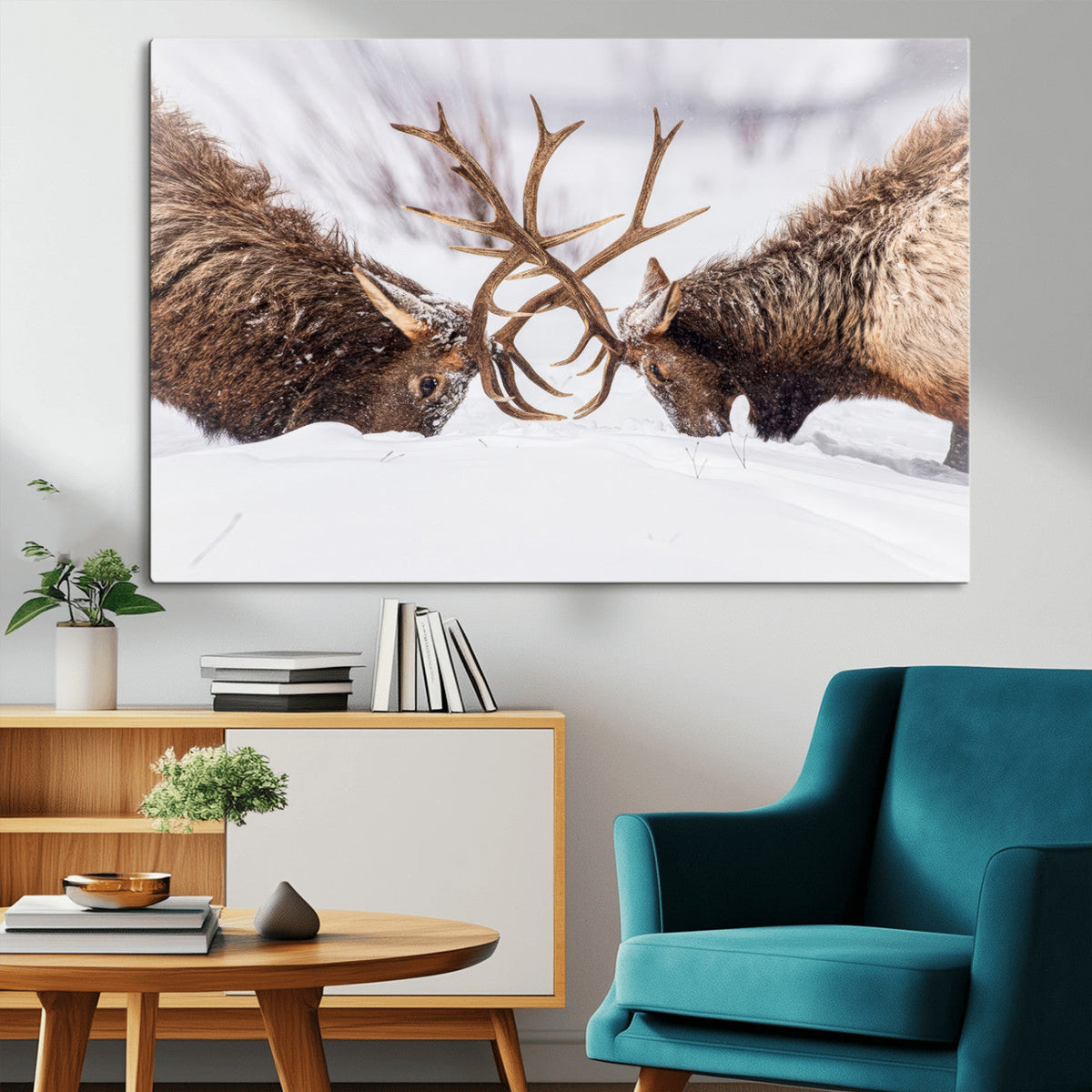 Elk Wall Art Canvas Print, Framed Wildlife Art, Snowy Forest Elk Rustic Lodge Decor