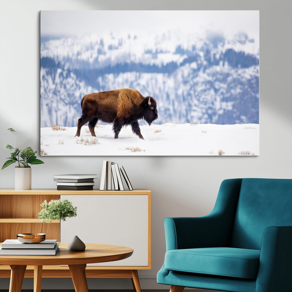 Bison Snow Wall Art Canvas Print, Framed Wildlife Scene, Western Ranch Style Decor