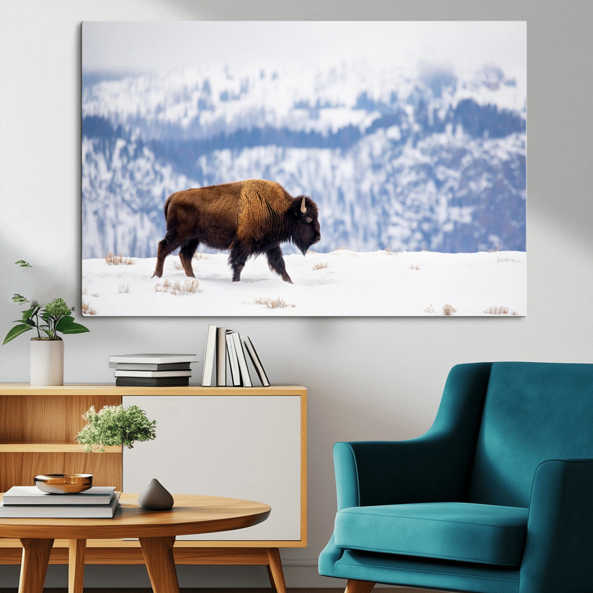 Bison Snow Wall Art Canvas Print, Framed Wildlife Scene, Western Ranch Style Decor