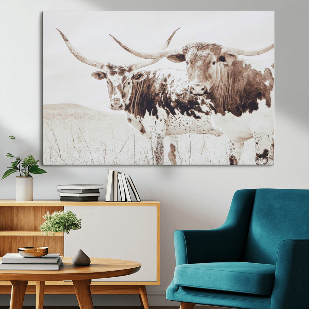 Longhorn Cow Wall Art Canvas Print, Framed Rustic Cattle Art, Sepia Western Decor