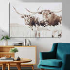 Longhorn Cow Wall Art Canvas Print, Framed Rustic Cattle Art, Sepia Western Decor