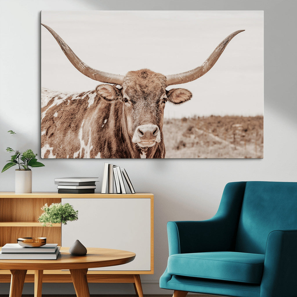 Longhorn Bull Wall Art Canvas Print, Framed Rustic Cow Decor, Neutral Farmhouse Style