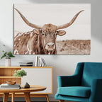 Longhorn Bull Wall Art Canvas Print, Framed Rustic Cow Decor, Neutral Farmhouse Style