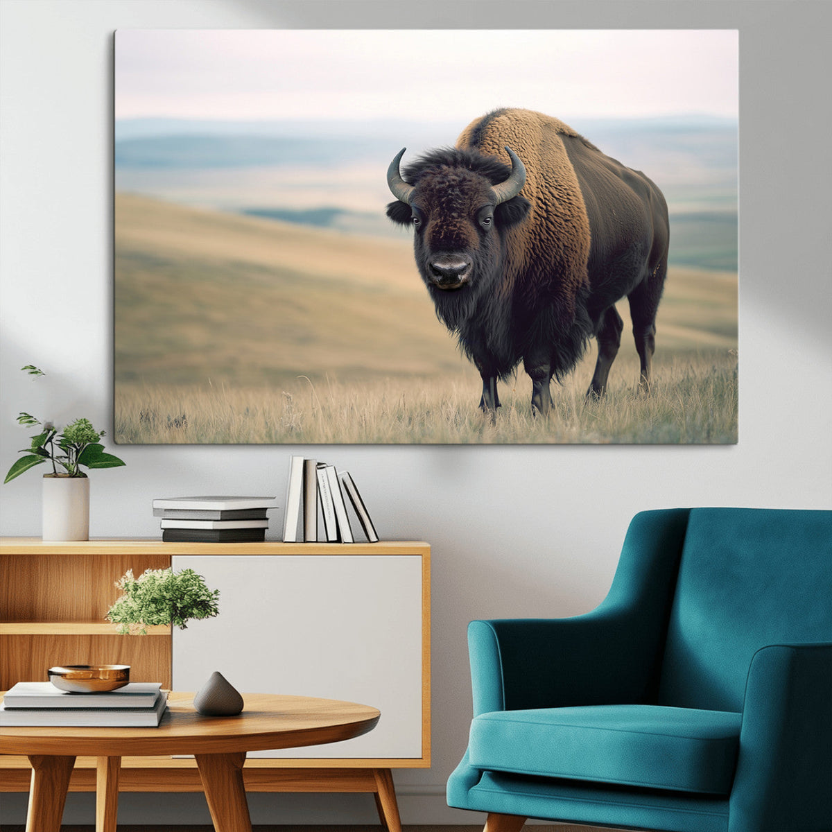 Bison Wall Art Canvas Print, Framed American Buffalo Rustic Western Artwork