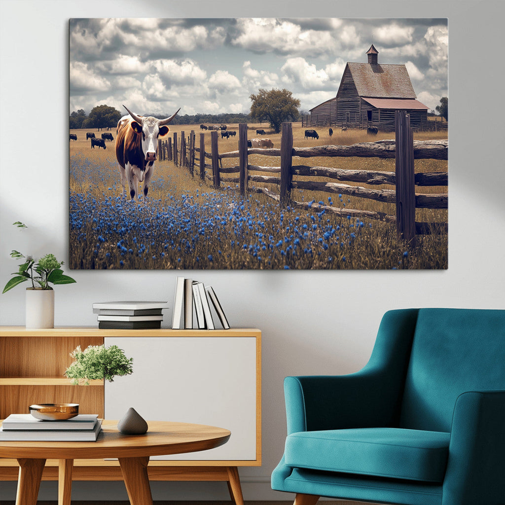 Texas Longhorn Canvas Wall Art Print, Framed Rustic Barn Farmhouse Decor