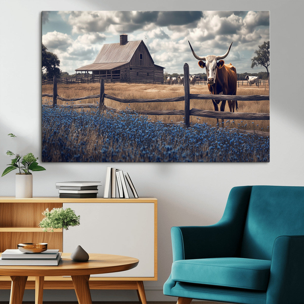 Texas Longhorn Wall Art Canvas Print, Framed Rustic Barn Art, Farmhouse Cow Decor