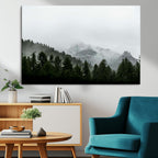 Misty Mountains Wall Art Canvas Print, Framed Foggy Forest Art, Snowy Peaks Landscape