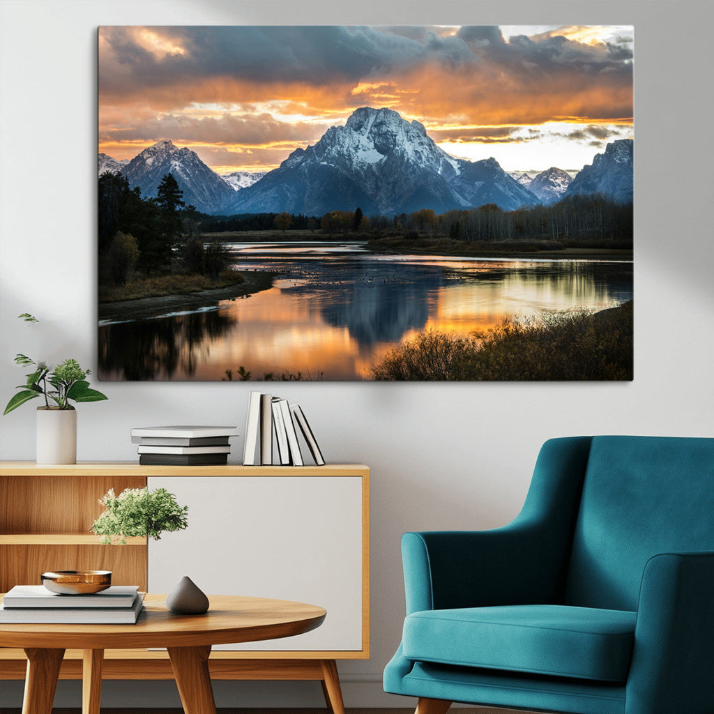 Mountain Sunset Wall Art Canvas Print, Framed Alpine Wilderness Art, Golden Hour Lake
