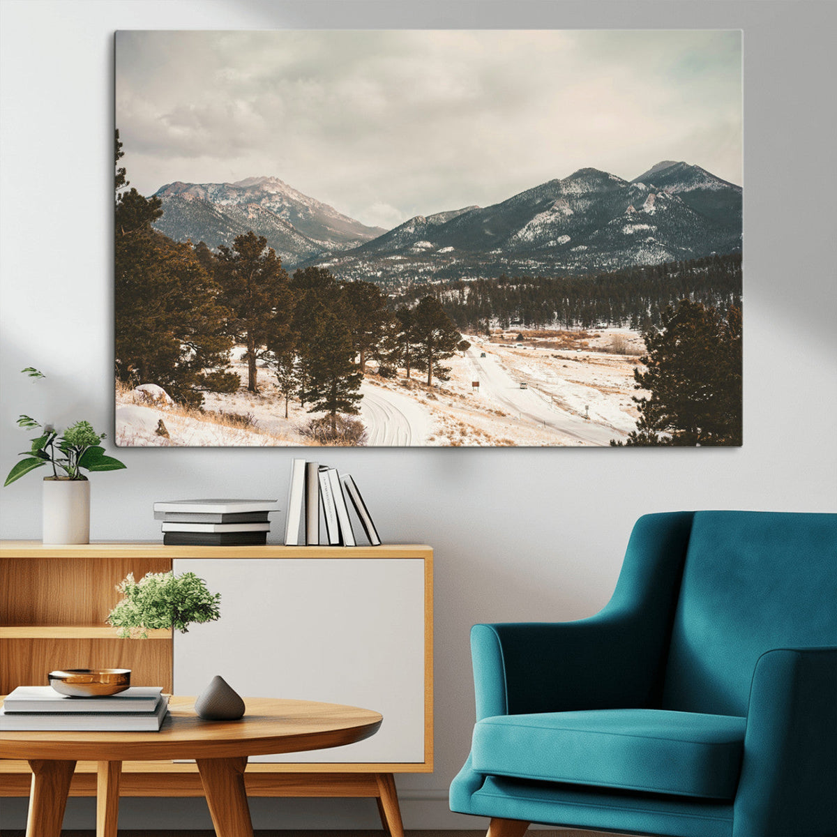 Mountain Landscape Wall Art Canvas Print, Framed Snowy Peaks Alpine Winter