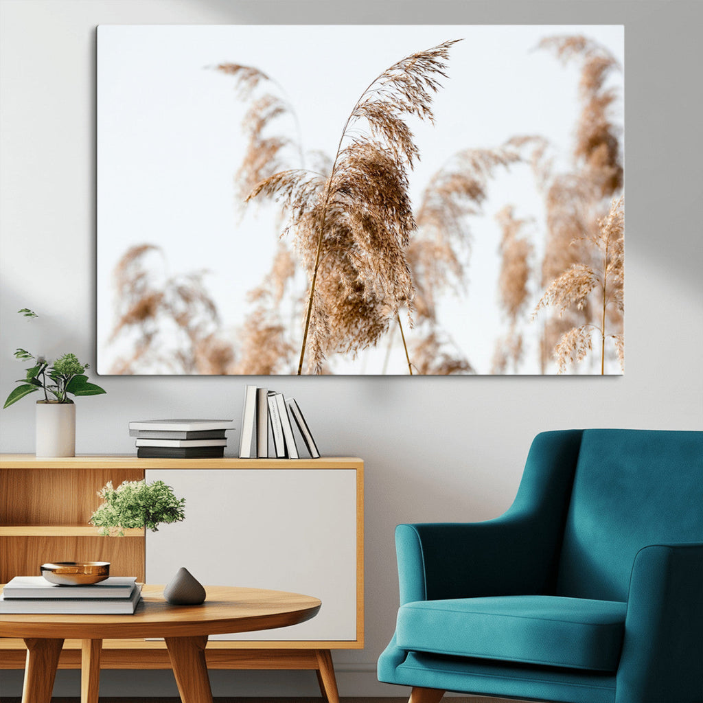Pampas Grass Wall Art Canvas Print, Framed Neutral Tones Minimalist Boho