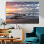 Golden Hour Wall Art Canvas Print, Framed Tranquil Waves Beach Sunset