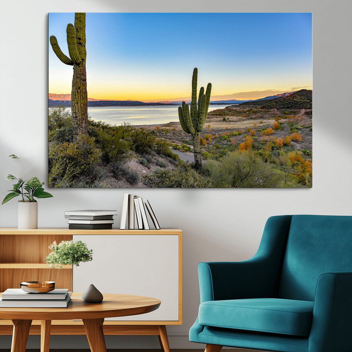 Saguaro Cactus Wall Art Canvas Print, Framed Desert Sunset Southwestern