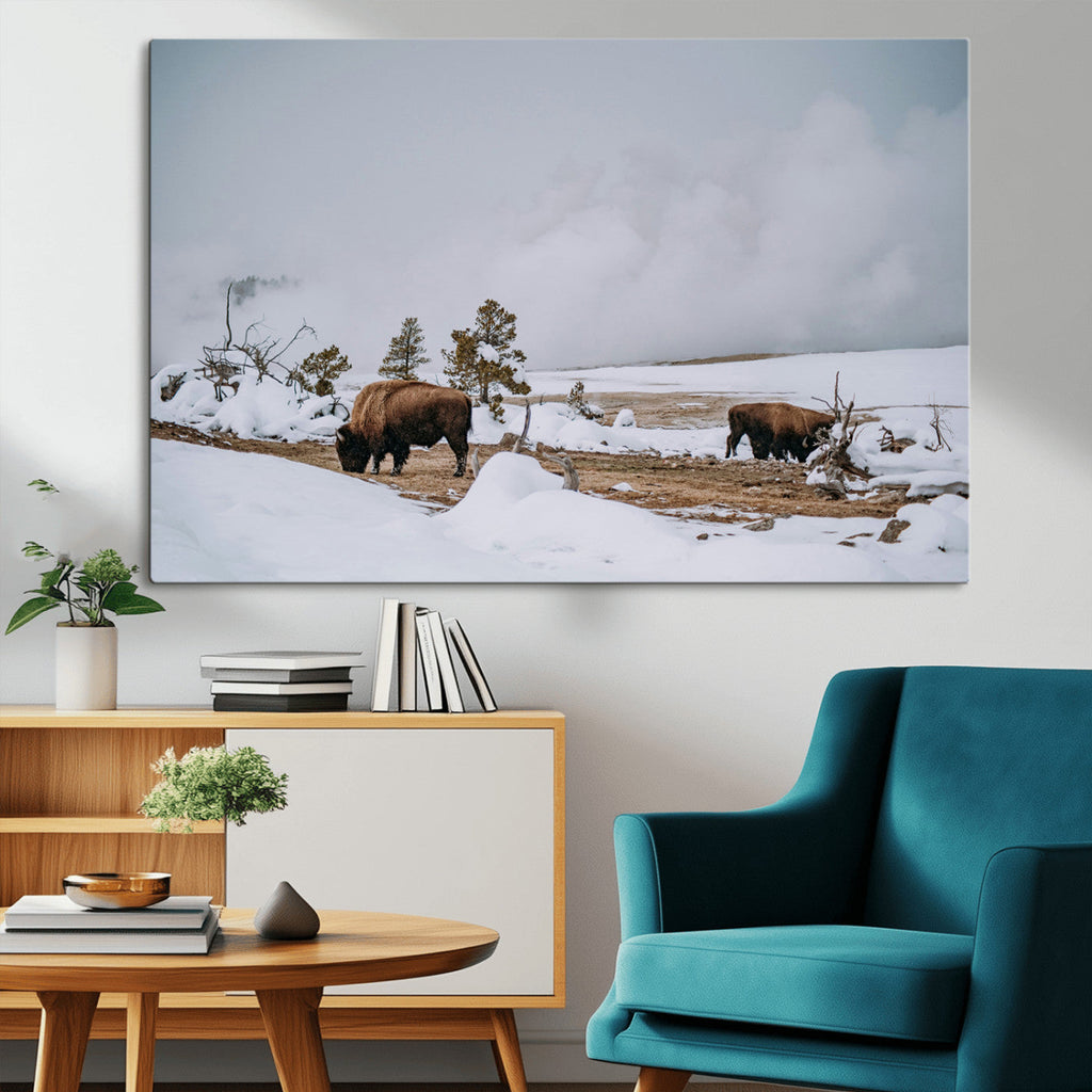 Bison Wildlife Wall Art Canvas Print, Framed Snowy Prairie Art, Western Landscape Decor