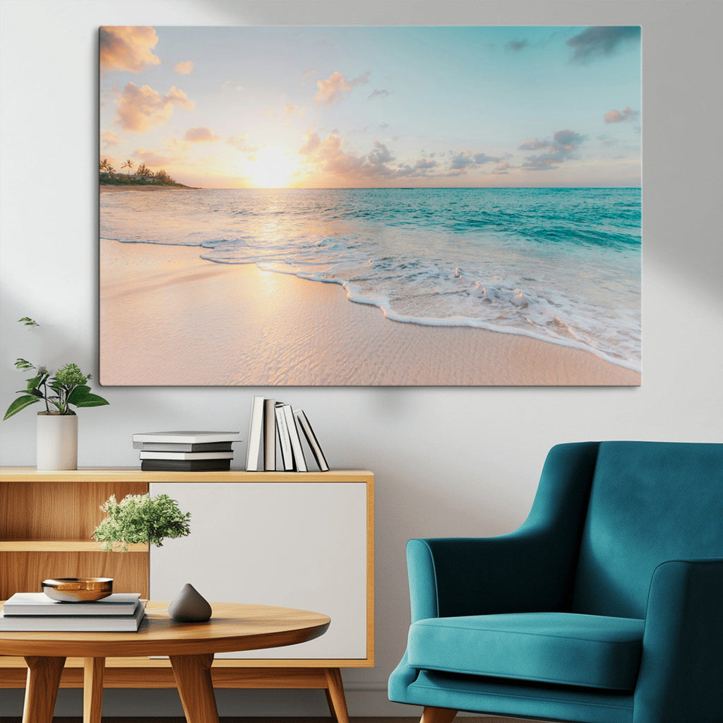 Beach Sunset Wall Art Canvas Print, Framed Ocean Waves Summer Escape