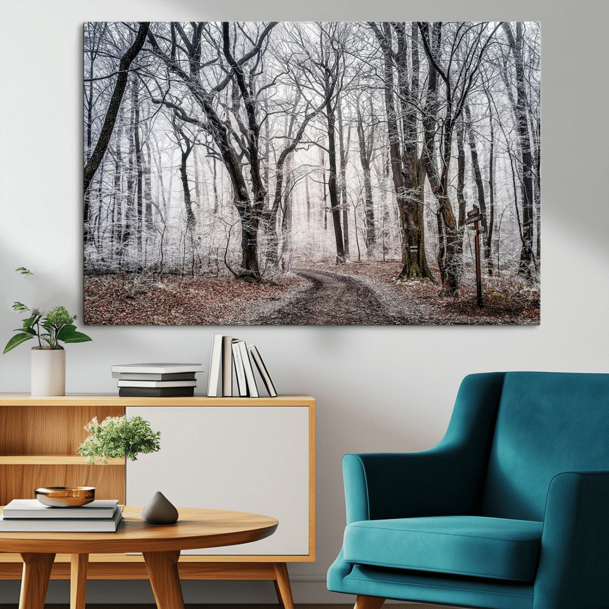 Winter Forest Wall Art Canvas Print, Framed Frosty Woodland with Misty Trees