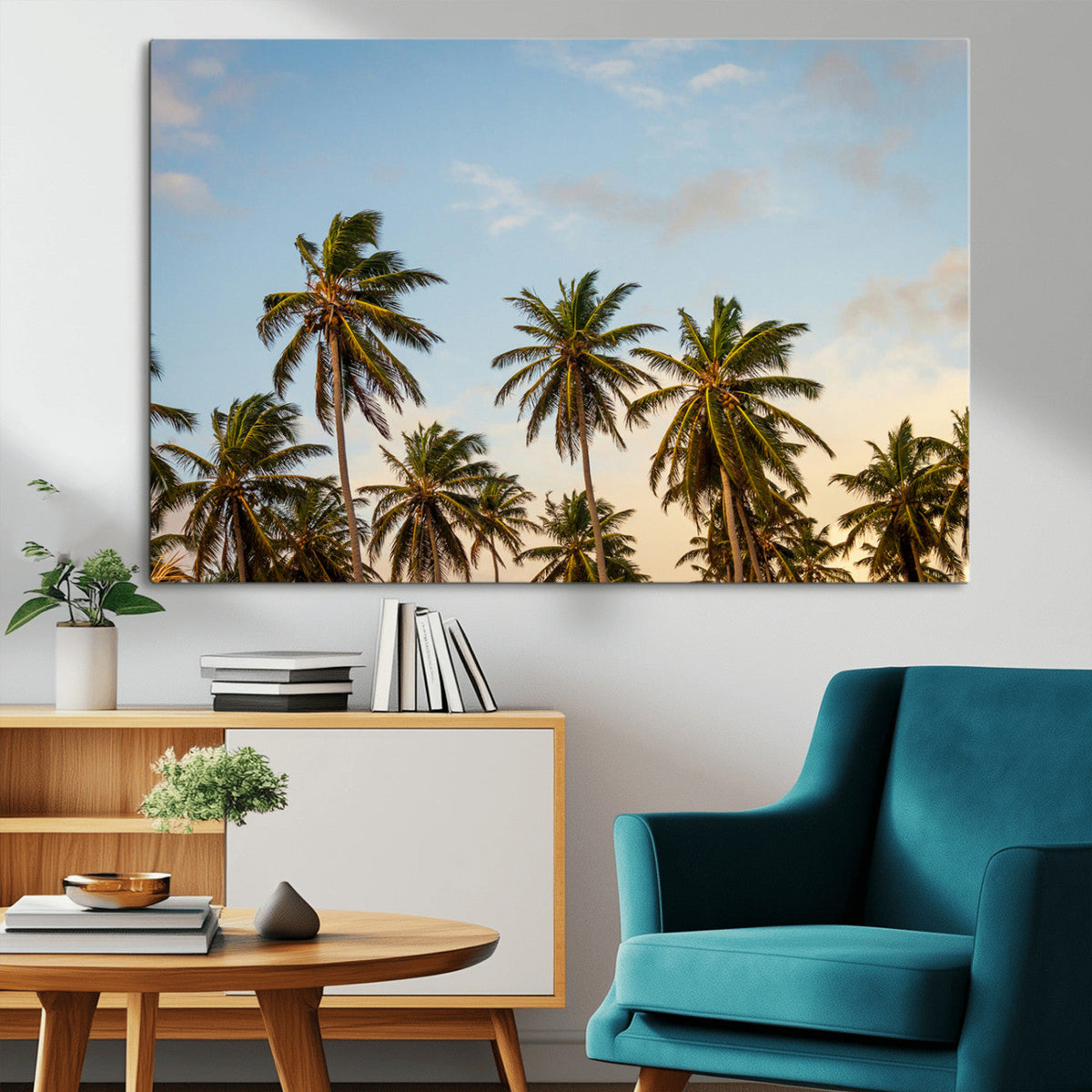 Palm Trees Wall Art Canvas Print, Framed Tropical Vibes Coastal Sunset