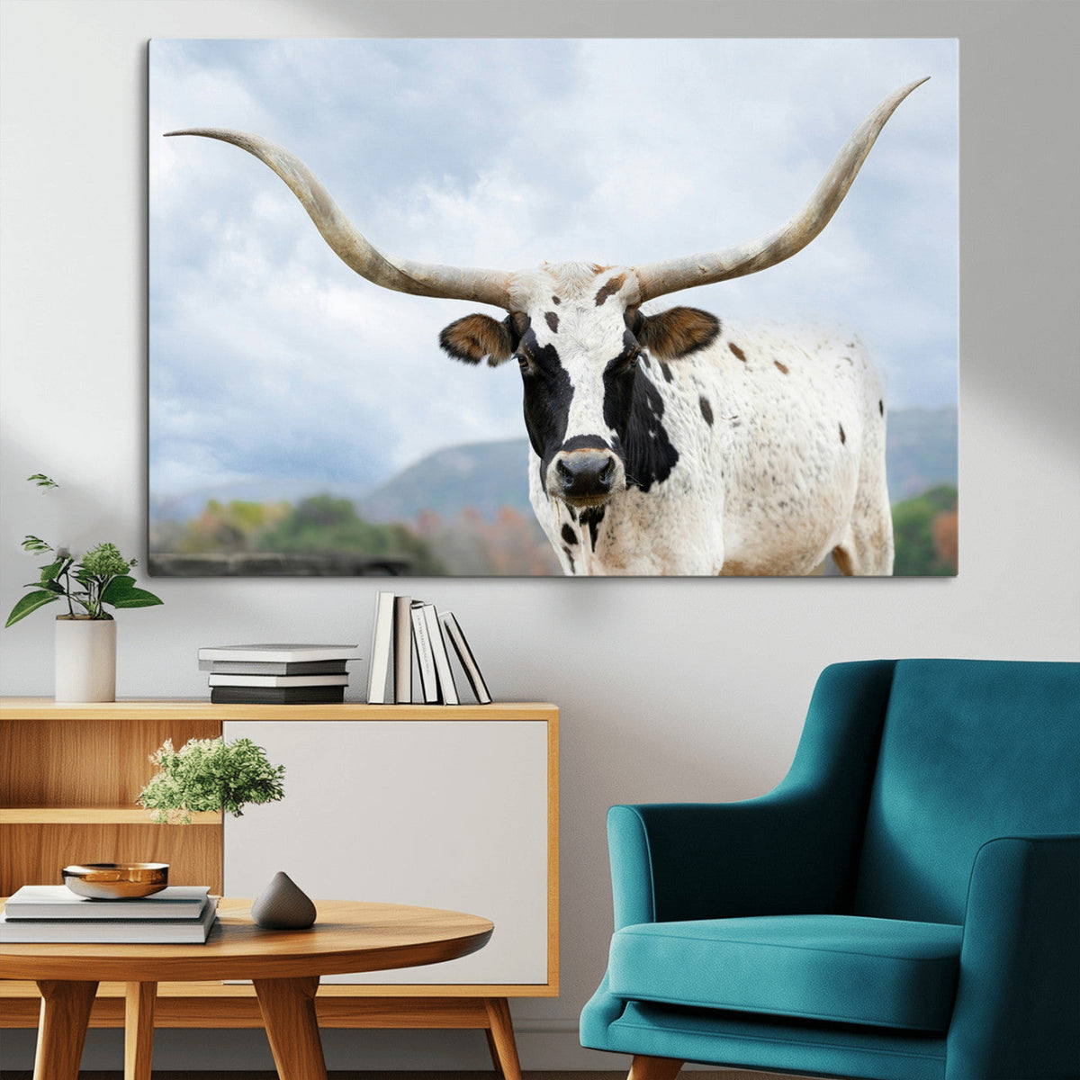 Texas Longhorn Wall Art Canvas Print, Framed Western Rustic Farmhouse