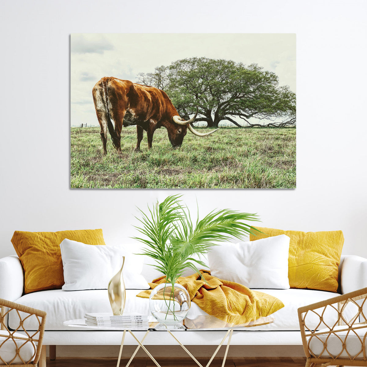 Texas Longhorn Wall Art Canvas Print, Rustic Western Ranch