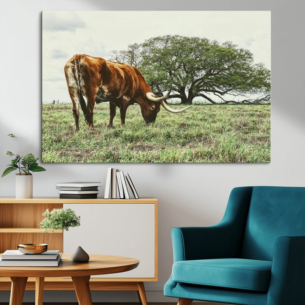 Texas Longhorn Wall Art Canvas Print, Framed Rustic Ranch Western Cattle