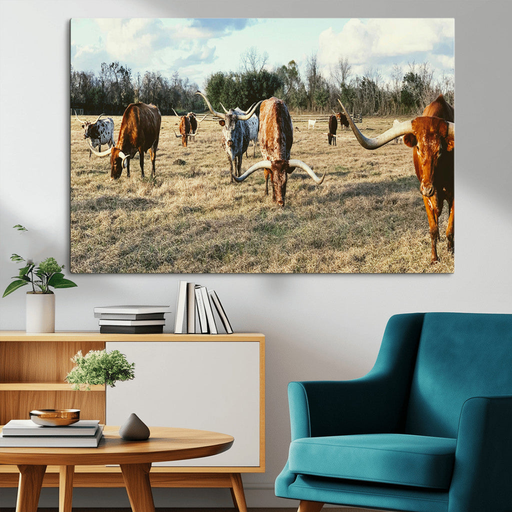 Texas Longhorns Wall Art Canvas Print, Framed Rustic Farm Scene Western Cattle