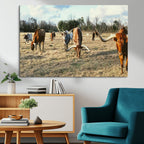 Texas Longhorns Wall Art Canvas Print, Framed Rustic Farm Scene Western Cattle