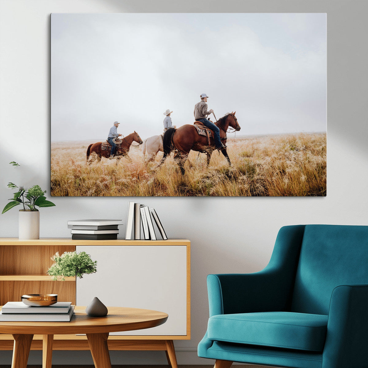 Western Cowboys Wall Art Canvas Print, Framed Horseback Riders on a Rustic Prairie