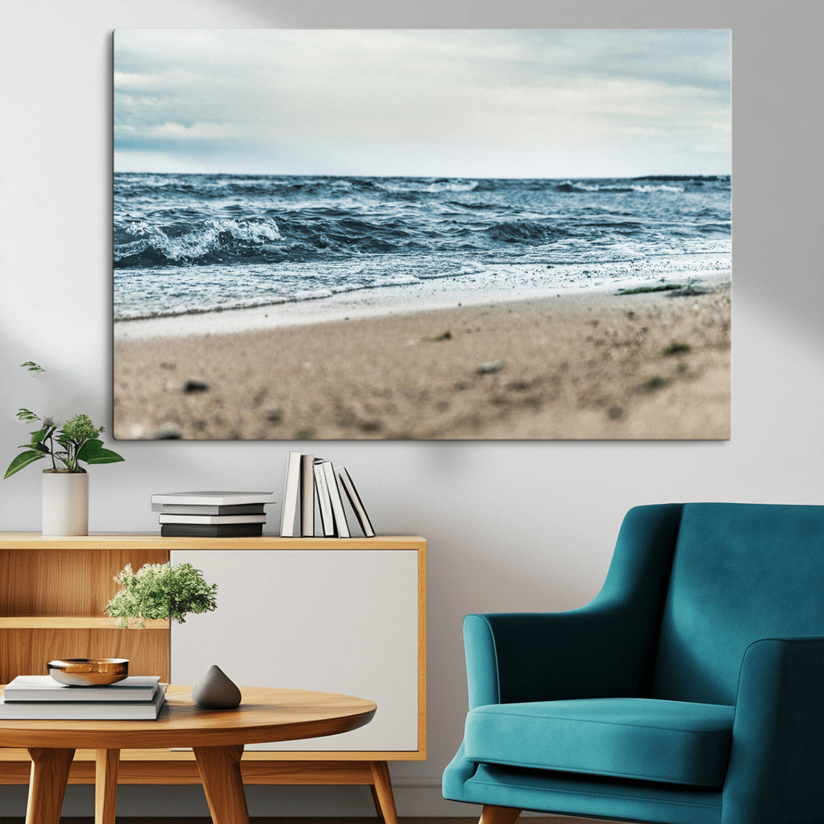 Ocean Wall Art Canvas Print, Framed Moody Seascape with Waves and Horizon