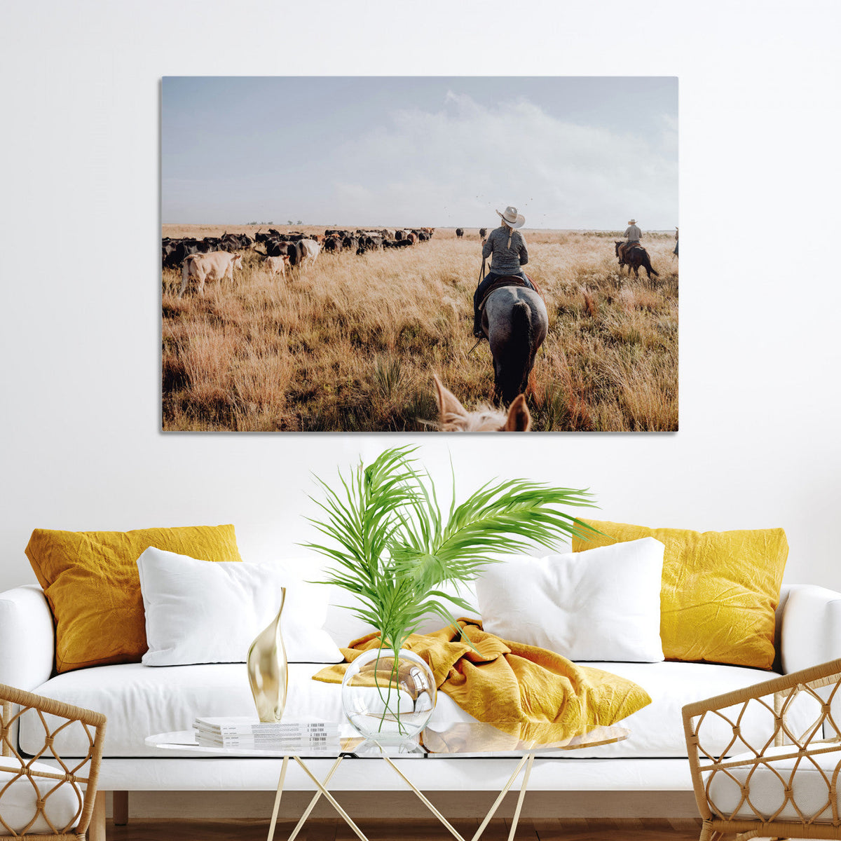 Western Wall Art Canvas Print, Framed Cowboy Cattle Drive Scene
