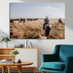 Western Wall Art Canvas Print, Framed Cowboy Cattle Drive Scene