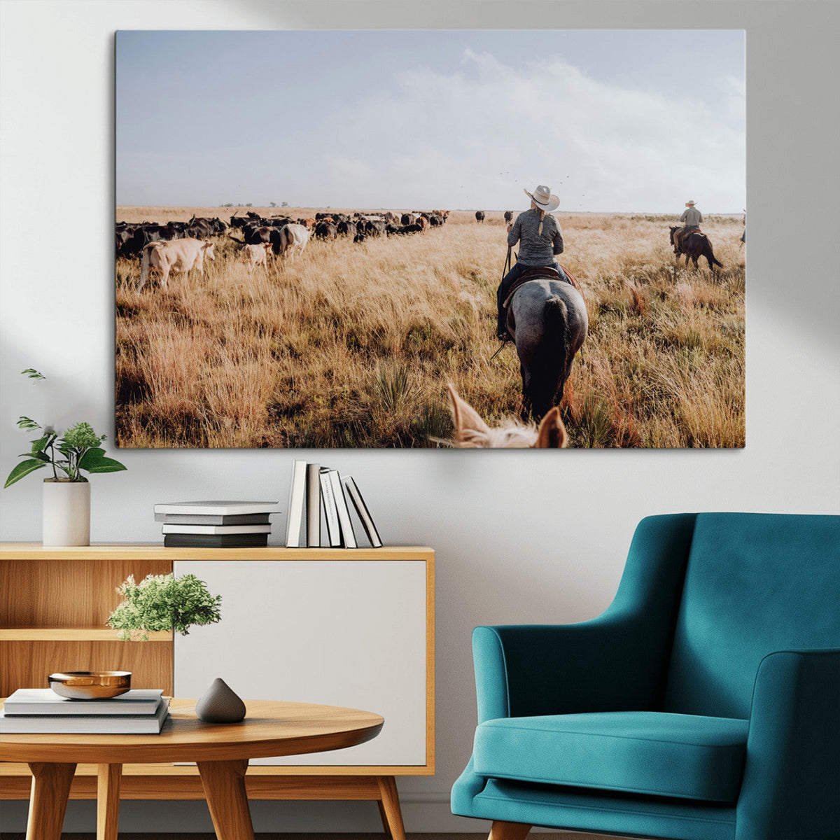 Western Wall Art Canvas Print, Framed Cowboy Cattle Drive Scene