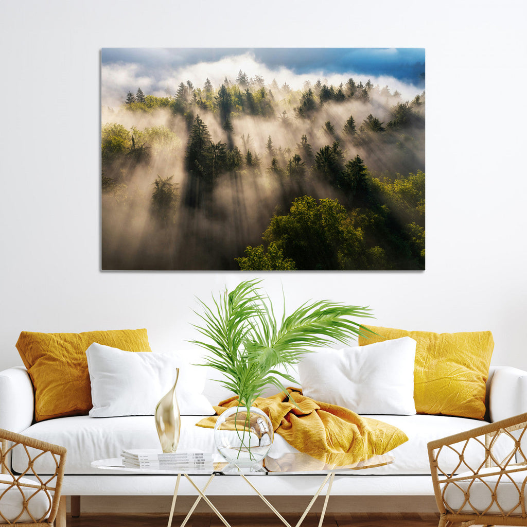 Tranquil Forest Scene Wall Art Canvas Print, Framed Moody Sunbeam Through Trees