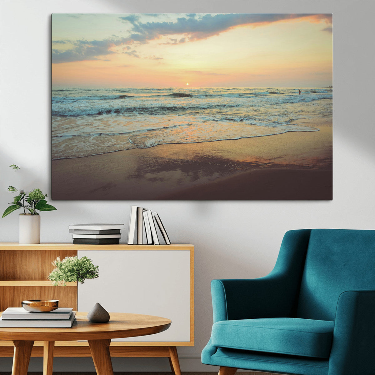 Sunset Seascape Wall Art Canvas Print, Framed Pastel Ocean View with Tranquil Shoreline