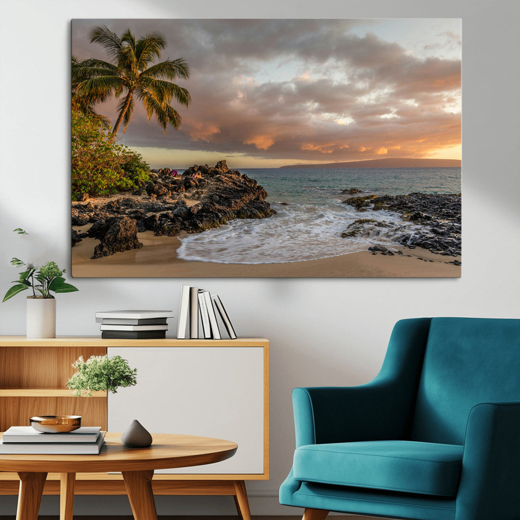 Tropical Beach Wall Art Canvas Print, Vibrant Hawaiian Sunset with Ocean Waves