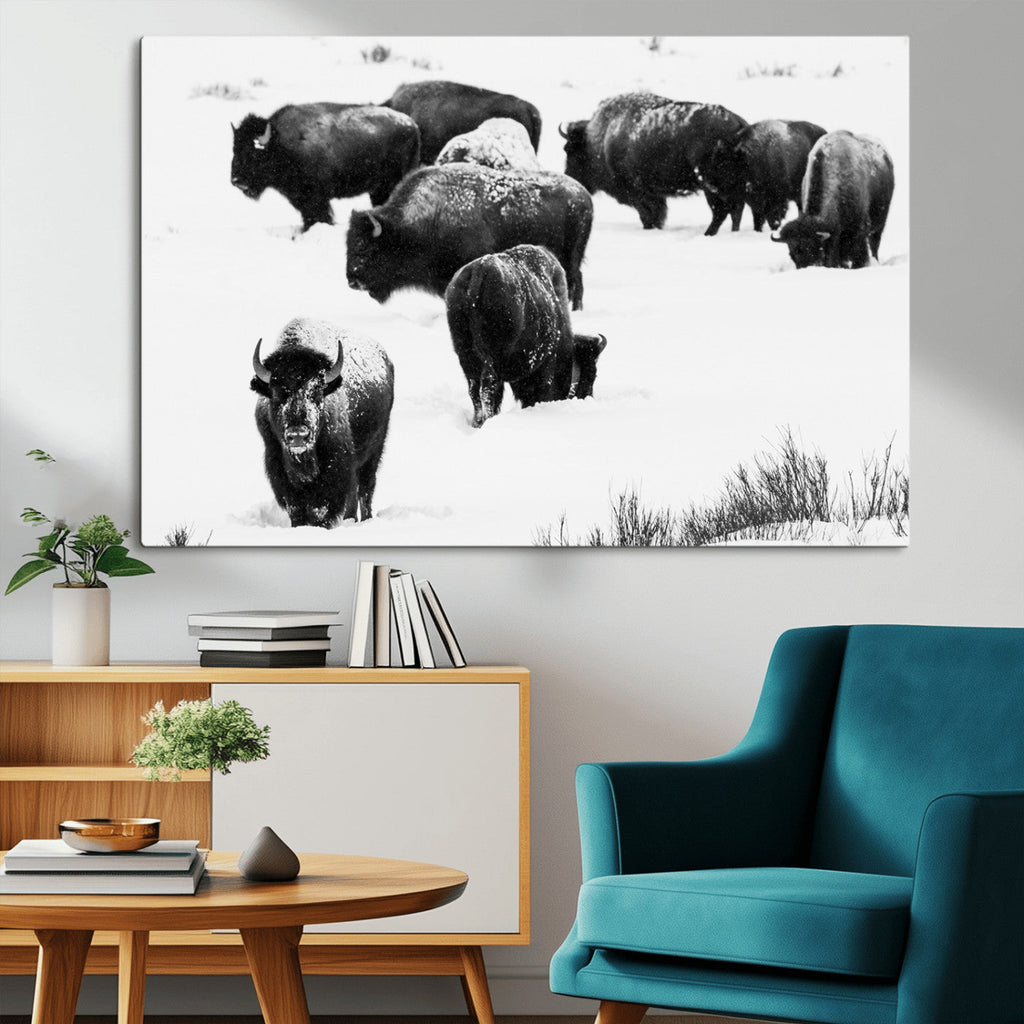 Buffalo Herd Wall Art Canvas Print, Framed Black and White Snowy Landscape
