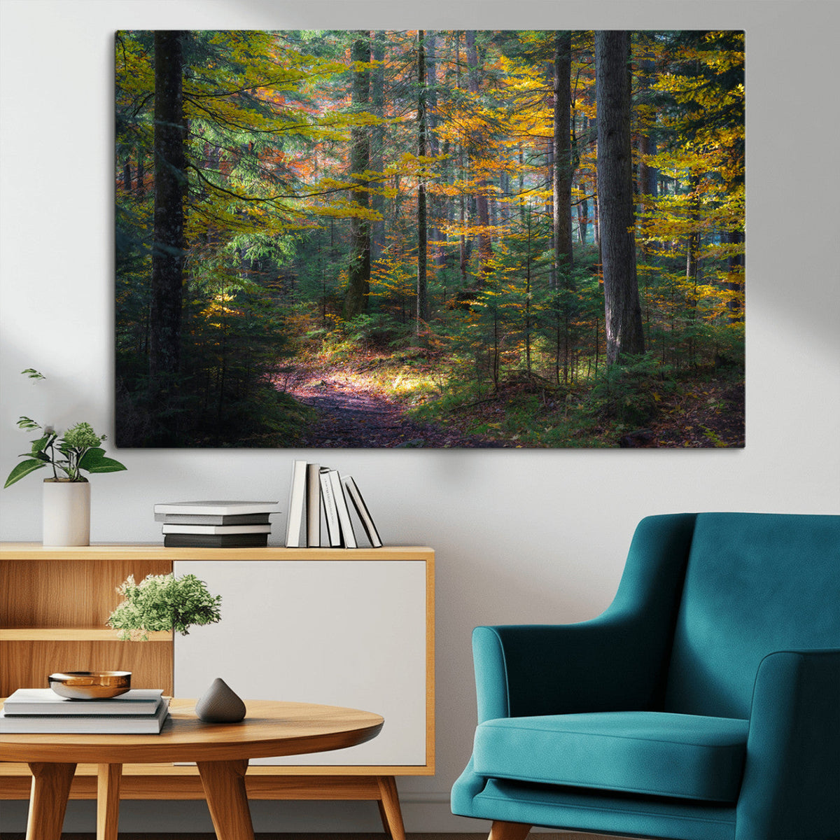 Autumn Forest Wall Art Canvas Print, Framed Fall Woodland with Golden Leaves