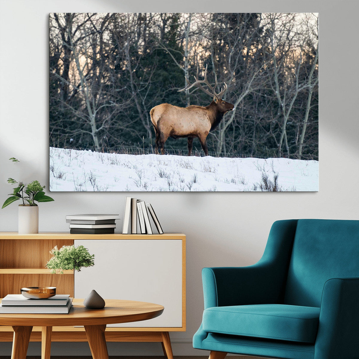 Wild Elk Wall Art Canvas Print, Framed Winter Wildlife in a Snowy Forest