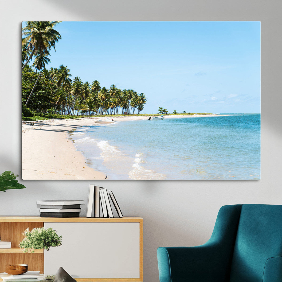 Palm Tree Coast Wall Art Canvas Print, Framed Island Getaway with Crystal Blue Water
