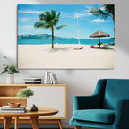 Tropical Beach Wall Art Canvas Print, Framed Palm Tree Ocean View with Calm Waves