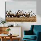 Elk Herd Wall Art Canvas Print, Framed Wildlife Photography Art, Majestic Antlers Rustic Wildlife Decor