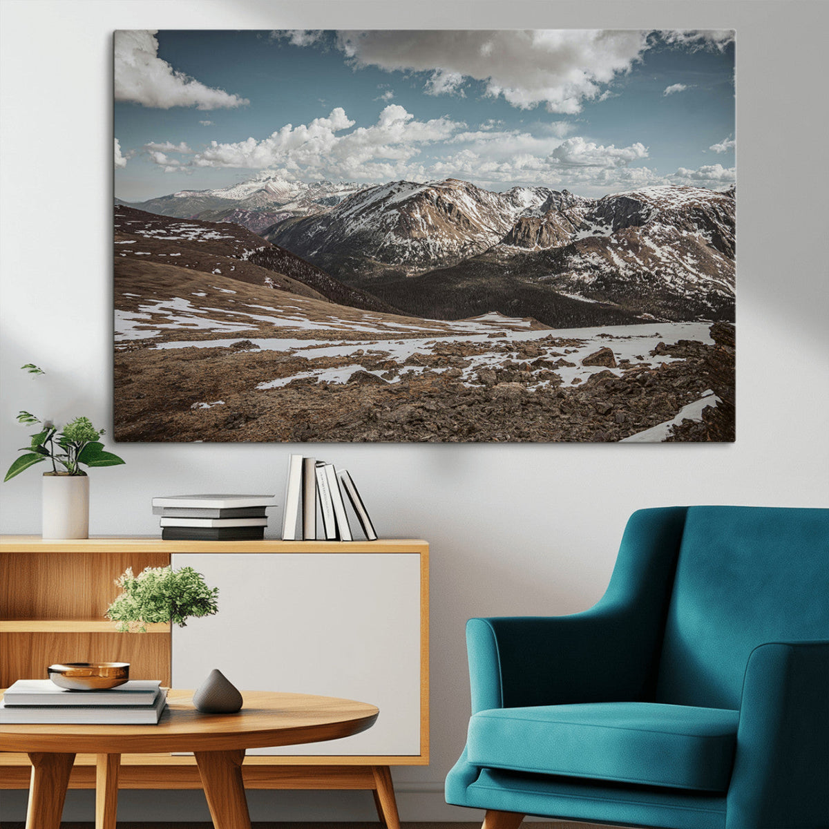 Mountain Landscape Wall Art Canvas Print, Framed Snowy Peaks Art, Rugged Highlands Rustic Adventure Decor