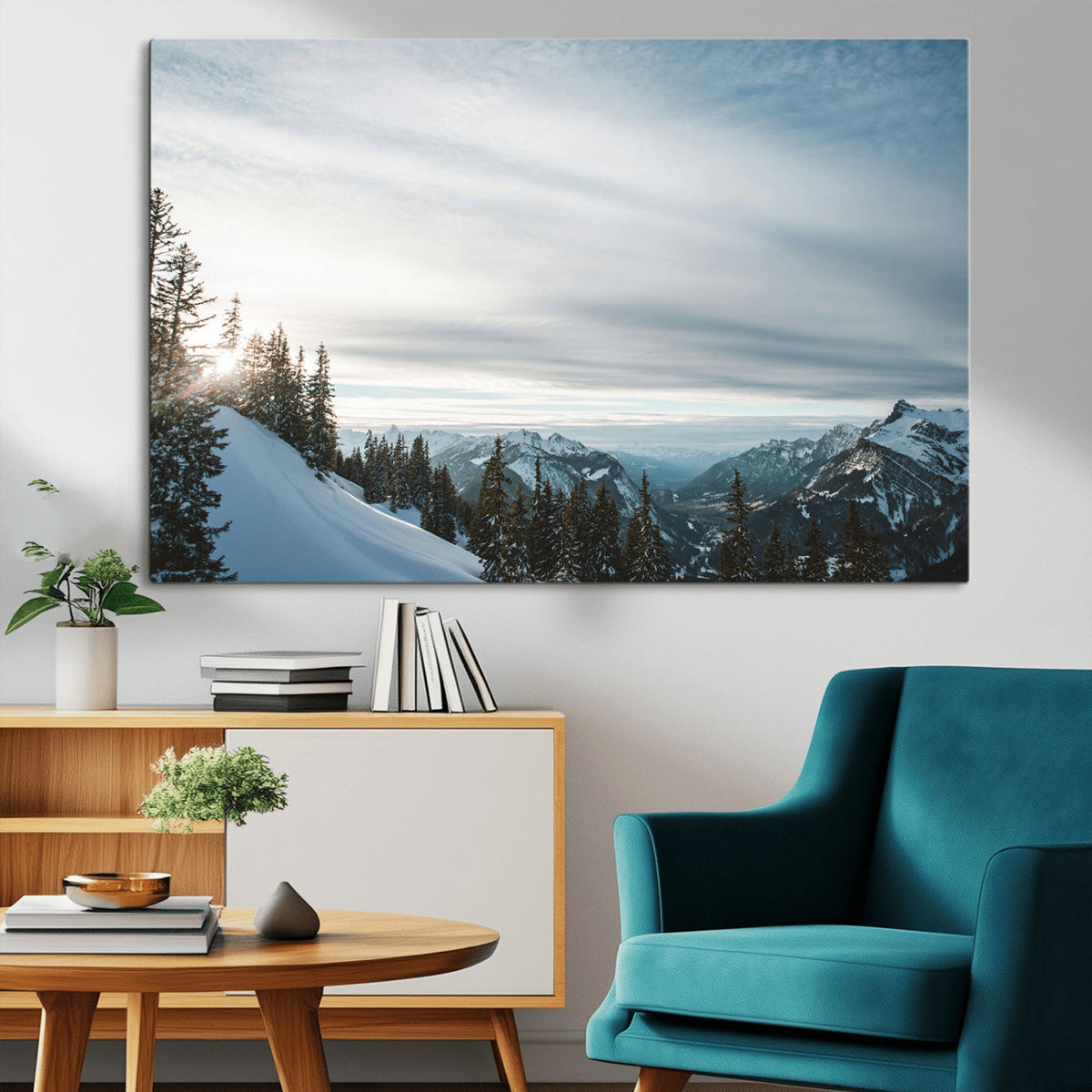 Snowy Mountains Wall Art Canvas Print, Framed Alpine Landscape Frosty Peaks Artwork