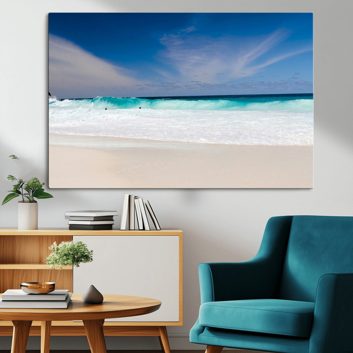 Ocean Breeze Wall Art Canvas Print, Aqua Waves and Coastal Horizon Under a Blue Sky