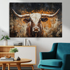 Abstract Longhorn Bull Wall Art Canvas Print, Vintage Western Texas Steer Artwork