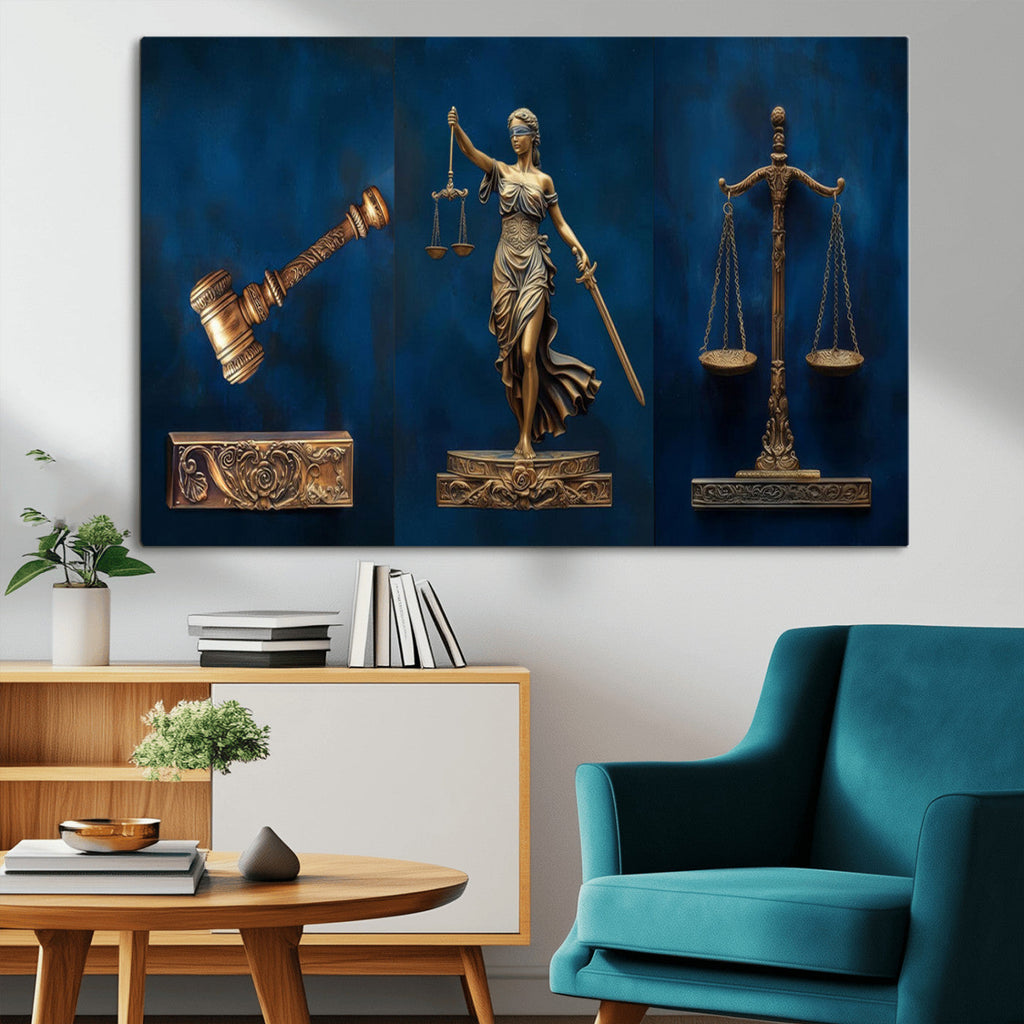 Lady Justice Wall Art Canvas Print, Elegant Gold Legal Symbols on Blue, Law Office Decor