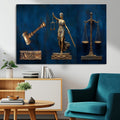 Lady Justice Wall Art Canvas Print, Elegant Gold Legal Symbols on Blue, Law Office Decor
