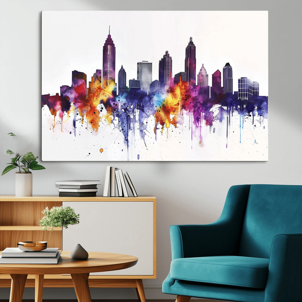 Atlanta Skyline Wall Art Canvas Print, Framed Colorful Watercolor Cityscape