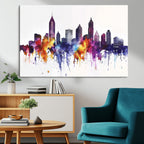 Atlanta Skyline Wall Art Canvas Print, Framed Colorful Watercolor Cityscape