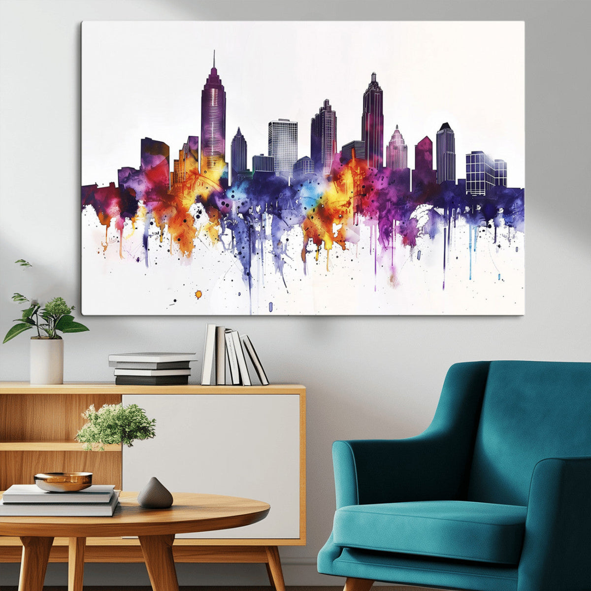 Atlanta Skyline Wall Art Canvas Print, Framed Colorful Watercolor Cityscape
