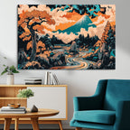 Japanese Landscape Wall Art Canvas Print, Mount Fuji with Flowing River and Autumn Trees